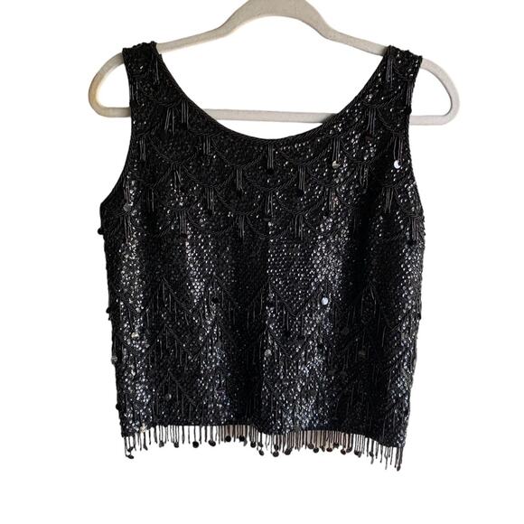 Vintage 1960s Black Beaded Sequin Fringe Blouse Size Small - Picture 3 of 15